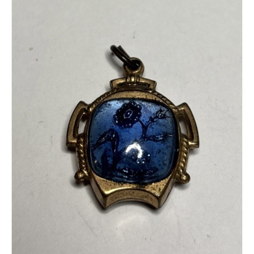 Vintage Art Deco Blue Pressed Glass Floral Pendant Gold Tone Watch Shape Charm